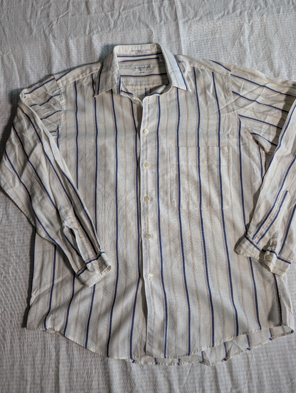 Vintage YSL Yves Saint Laurent Linen Cream Shirt with Blue & Tan Stripes - Picture 2 of 10